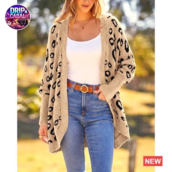 Leopard Print Cardigan Oversized Batwing Sleeves Open Front Pockets Fall - Picture 2 of 6